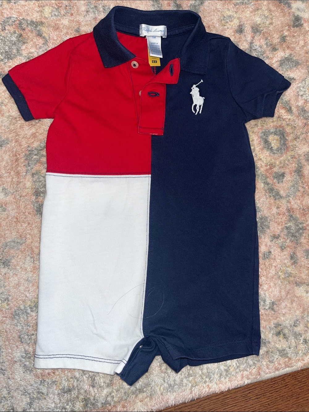 Ralph Lauren Red, White & Navy Colorblock Baby Polo Romper 9M